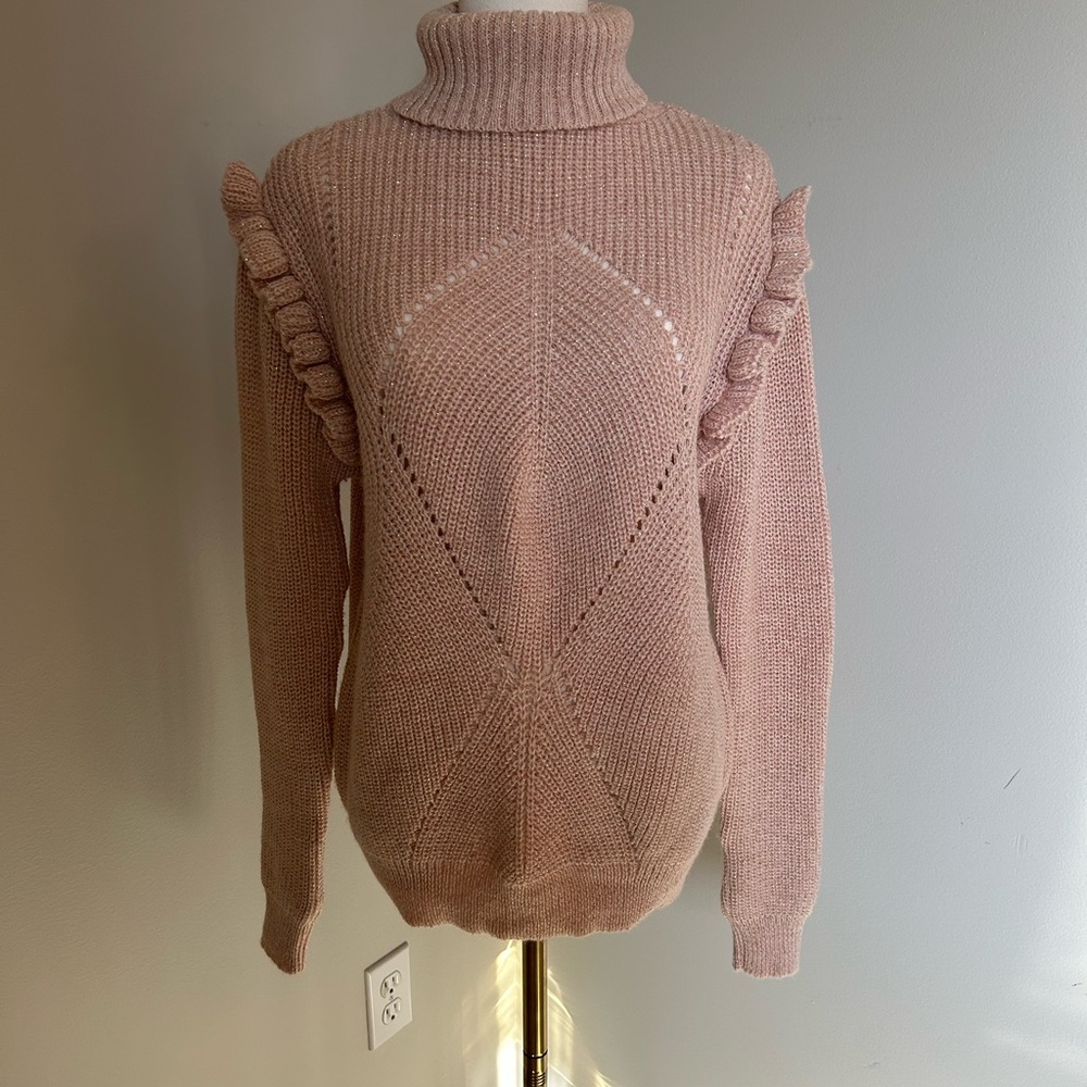 Miss Selfridge Women's Ruffled Knit Sweater in Pink Gold Speckled